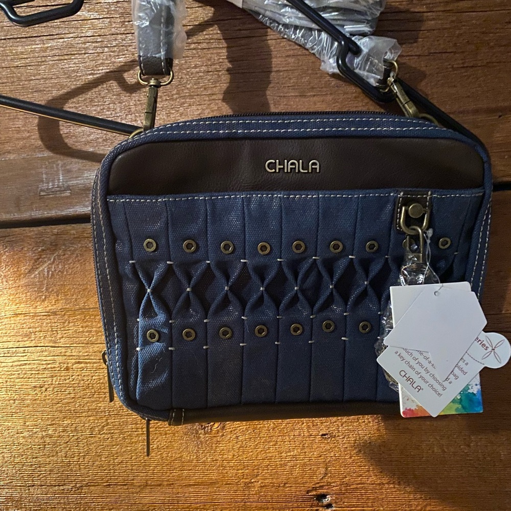 Chala Dark Blue and Brown Crossbody Bag with PAW key chain